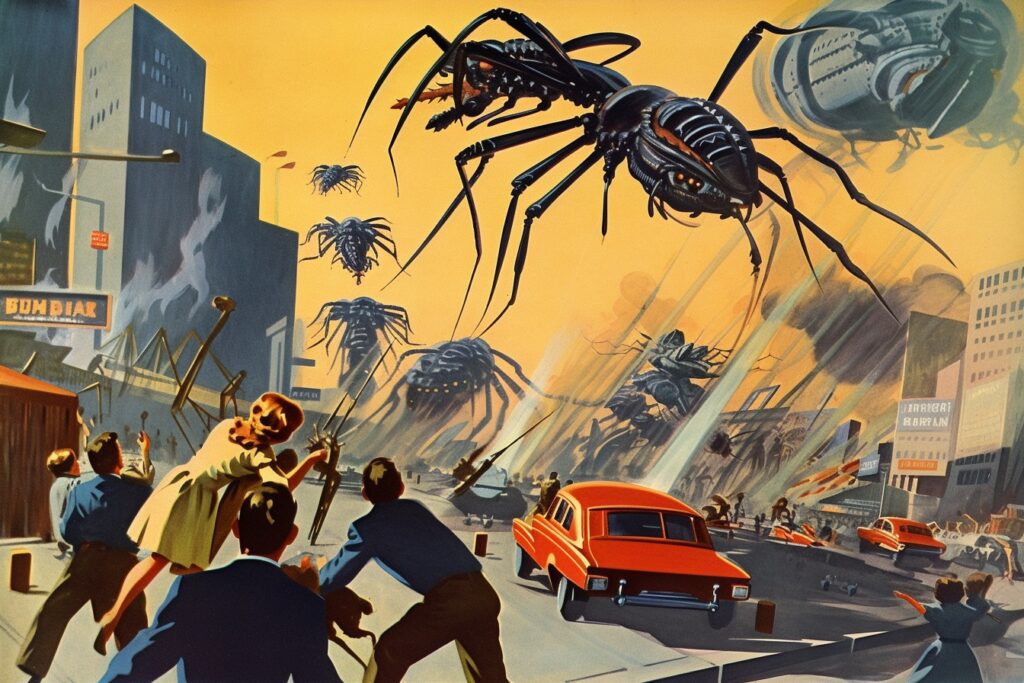 Hollywood Kills artwork, 1950s science fiction movie poster style, created by Midjourney AI on 24 March 2023