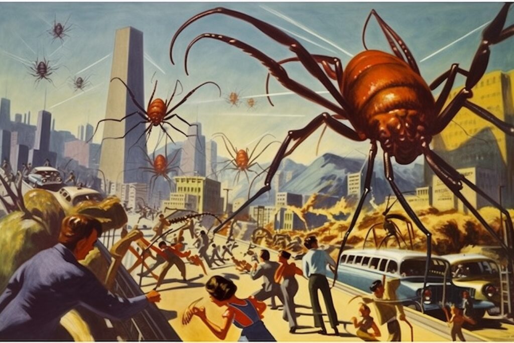 Hollywood Kills artwork, 1950s science fiction movie poster style, created by Midjourney AI on 24 March 2023